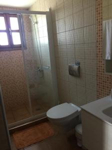 a bathroom with a shower and a toilet and a sink at Summer Knights in Rhodes Town