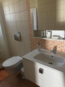 a bathroom with a sink and a toilet and a mirror at Summer Knights in Rhodes Town
