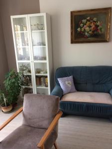 uma sala de estar com um sofá azul e uma cadeira em Apartmán Náměstí Horníků em Trutnov