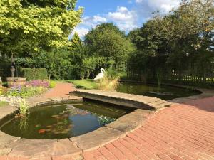 a pond in a garden with aitatingitatingitatingitatingitatingitatingitatingitatingitating at Maesbury Riverside in Oswestry