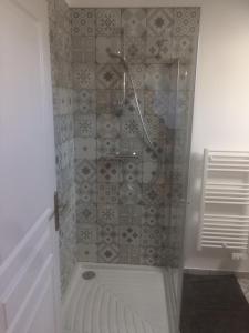a shower in a bathroom with a tile wall at La Chambre Montbrault in Fleurigné