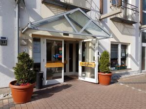 a glass entrance to a building with two potted plants at Hotel & Restaurant Wilhelm von Nassau in Diez