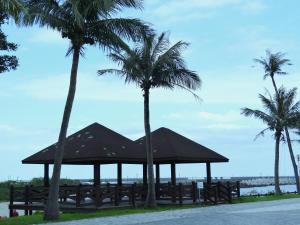 a gazebo with palm trees in front of the water at Wuzhou Hotel in Hualien City