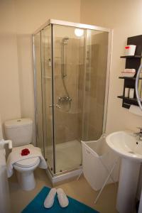 a bathroom with a shower and a toilet and a sink at Paphos Love Shack Apartment in Paphos City