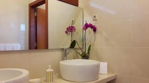 baño con lavabo, espejo y flores púrpuras en Casa Douro Terrace en Baião