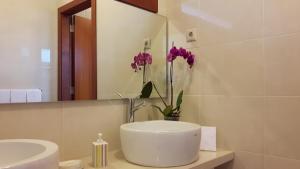 a bathroom with a sink and a mirror and purple flowers at Casa Douro Terrace in Baião +52 photos