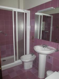 a pink bathroom with a sink and a toilet at Hotel Central Jardim in Geres