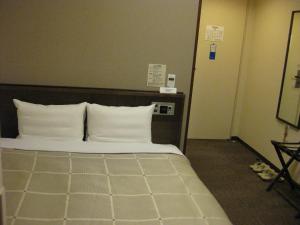 
a hotel room with a bed and a desk at Hotel Route-Inn Higashimuroran Ekimae in Muroran
