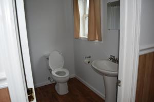 La salle de bains est pourvue de toilettes et d'un lavabo. dans l'établissement Gorgeous View Motel, à Watkins Glen