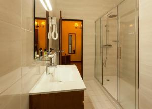 a bathroom with a sink, mirror, and shower at Pao de Acucar Hotel in Porto
