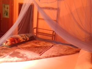 a bed with a mosquito net on top of it at Moon Plain Inn in Nuwara Eliya
