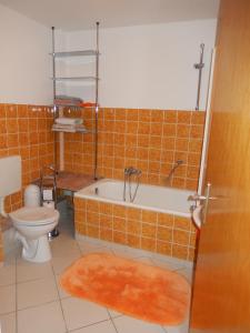 baño de azulejos de color naranja con bañera y aseo en Ferienwohnung Ebeling under stars en Dassel