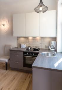 a kitchen with a sink and a stove at Aia Vacation Apartment in Pärnu