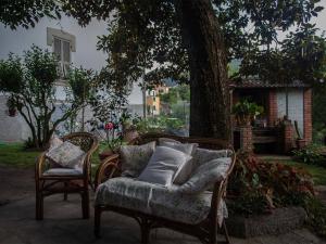 リッコ・デル・ゴルフォ・ディ・スペーツィアにあるVilla Dauraの木の横に座る枕付きの椅子2脚
