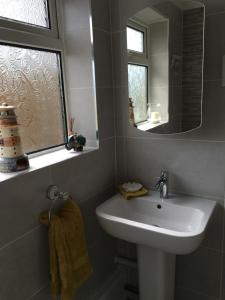 a bathroom with a sink and a mirror at Waters Edge in Penclawdd