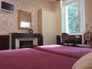 a bedroom with two beds and a fireplace and a television at Hôtel Saint Jean in Vals-les-Bains