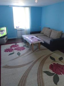 Guest house near Baku airport في باكو: غرفة معيشة مع أريكة وطاولة