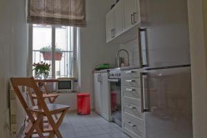 Il comprend une cuisine équipée d'un réfrigérateur et d'une chaise. dans l'établissement Alte Posthalterei, à Stralsund