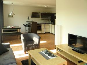 een woonkamer met een bank, een televisie en een tafel bij Modernes Apartment mit Zentralheizung in Willingen in Willingen