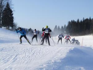 un groupe de personnes skier sur une piste enneigée dans l'établissement La Serre Nelly Philippe, à Prémanon