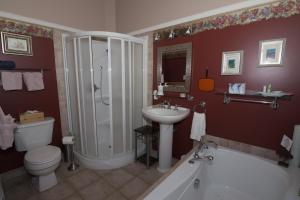 a bathroom with a toilet, sink, tub and shower at Au NIDaigle in Saint-Basile