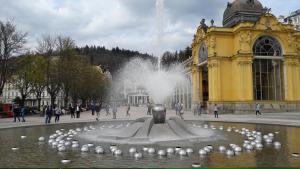 a fountain with birds in front of a building at Pension Kamenný Dvůr in Mariánské Lázně