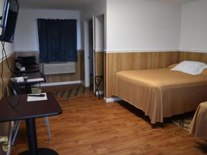 um quarto com uma cama, uma secretária e uma televisão em Gorgeous View Motel em Watkins Glen