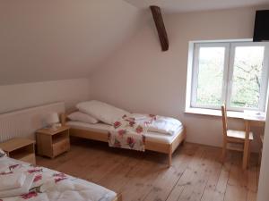 Poledno的住宿－波科耶歌塞尼波德農家樂，一间卧室设有两张床和窗户。
