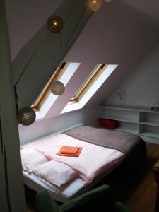 a bedroom with a bed and two skylights at Nad Potokiem in Lewin Kłodzki