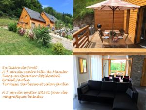 une photo d'une maison avec un canapé et un parasol dans l'établissement Le Chalet La Cigogne et Le Chamois, à Munster