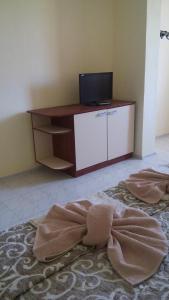 a room with a desk with a television on it at Guesthouse Oasis in Kiten