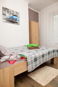 リヴィウにあるApartment on Lychakivska 161のベッドルーム1室(チェック入りの毛布付きのベッド1台付)