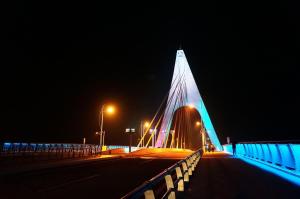 uma ponte iluminada à noite com luzes azuis e brancas em Zhuji Hostel em Donggang
