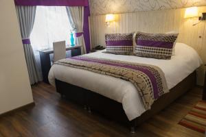 1 dormitorio con 1 cama grande con almohadas moradas en LV Hoteles Boutique, en Viña del Mar