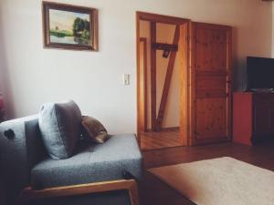 a living room with a blue couch and a door at Biohof Zahn in Hockenheim