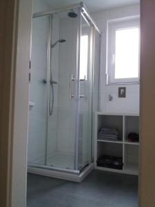 a shower with a glass door in a bathroom at Ferienwohnung Pusteblume in Rheinhausen