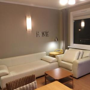ミエンジズドロイェにあるWolin-Travel Apartament Dom przy Parkuのリビングルーム(白いソファ、窓付)