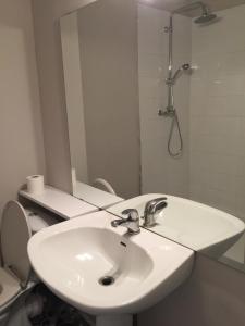 a white bathroom with a sink and a shower at Appartement Hippolyte in Montpellier