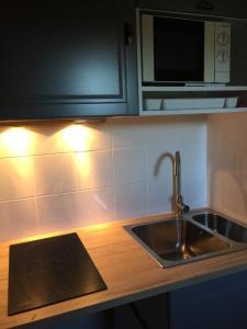 a kitchen counter with a sink and a microwave at Appartement Hippolyte in Montpellier
