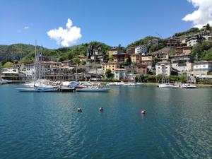 a marina with boats in the water and buildings at Hotel Belvedere in Lovere