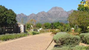a path in a garden with mountains in the background at De Oude Schuur in Stellenbosch
