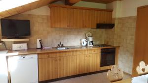 a kitchen with wooden cabinets and a sink and a tv at Gasperlerhof in Neustift im Stubaital