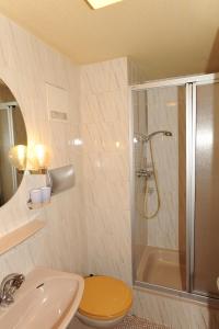 a bathroom with a shower and a toilet and a sink at Hotel-Restaurant Köhler in Stuttgart