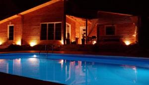a swimming pool in front of a house at night at Laganini in Samobor