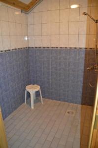 a shower with a stool in a blue tiled bathroom at Maatilamatkailu Heikin Tupa in Ylipää