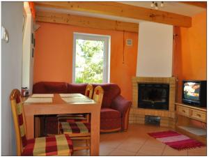 a living room with a couch and a table and a fireplace at Muzyczna Zagroda in Pietzonken