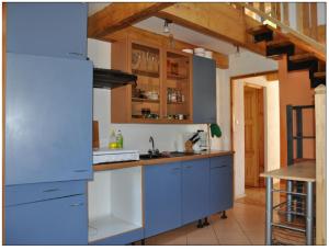 a kitchen with blue cabinets and blue counters at Muzyczna Zagroda in Pietzonken