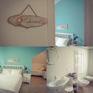 due immagini di una camera da letto con un letto e un lavandino di B&B La Rosa dei Venti a Ginosa Marina