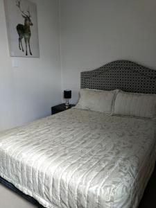 - une chambre dotée d'un lit blanc avec une photo de cerf sur le mur dans l'établissement Lake Bolac Motel, à Lake Bolac
