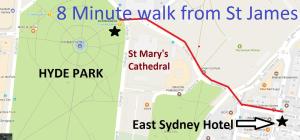 a map of a mile walk from st james hospital at East Sydney Hotel in Sydney